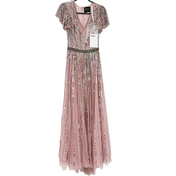 Mac Duggal Stripe Lined Sequin V-Neck Gown Rose Pink Size 4 NWT - Picture 5 of 13
